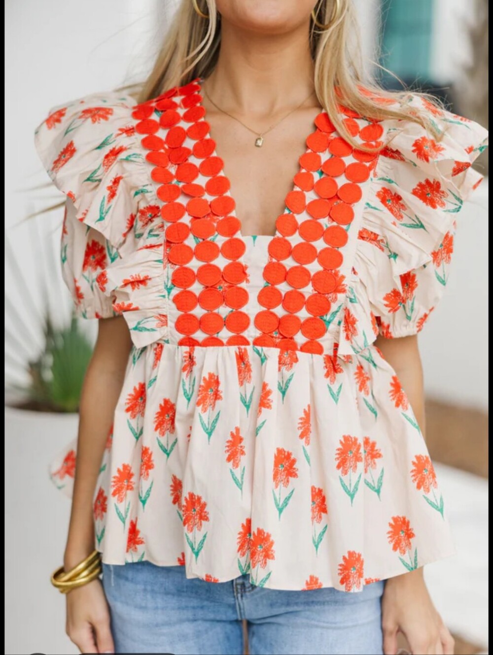 entro Cream Floral Peplum Top with Orange Embroidered Trim